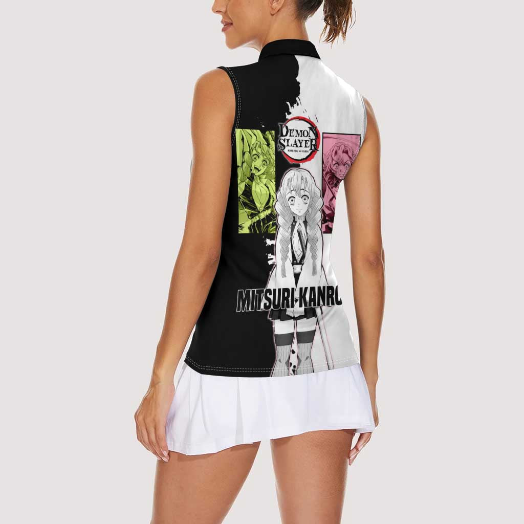 Mitsuri Kanroji from Demon Slayer Women Sleeveless Polo Shirt with Black and White Split Background and Energetic Sword Pose Manga Style Design - The Mazicc