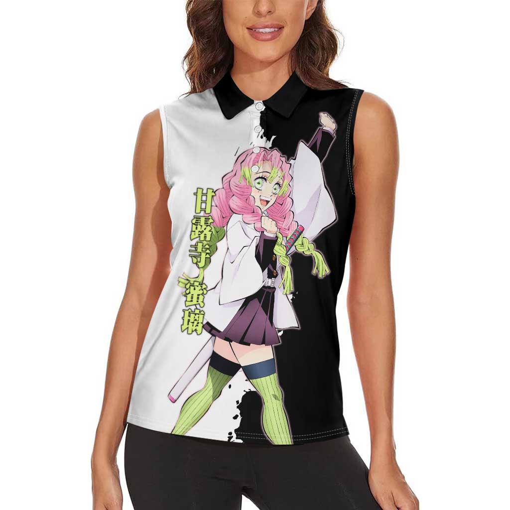 Mitsuri Kanroji from Demon Slayer Women Sleeveless Polo Shirt with Black and White Split Background and Energetic Sword Pose Manga Style Design - The Mazicc