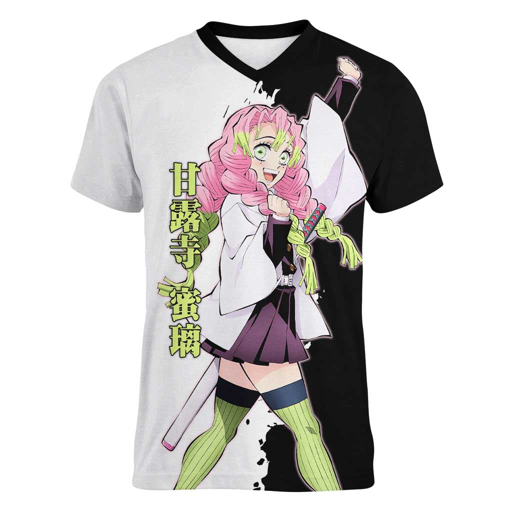 Mitsuri Kanroji from Demon Slayer Women V-Neck T-Shirt with Black and White Split Background and Energetic Sword Pose Manga Style Design - The Mazicc