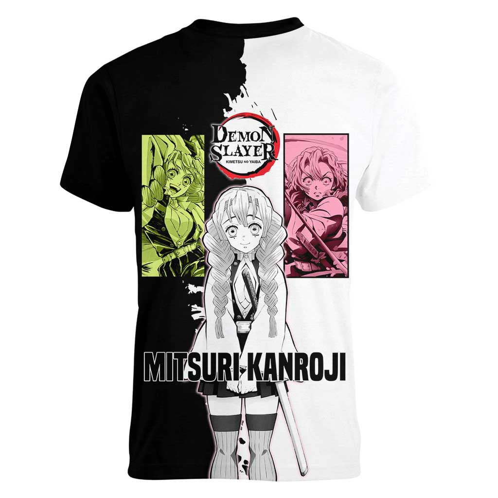 Mitsuri Kanroji from Demon Slayer Women V-Neck T-Shirt with Black and White Split Background and Energetic Sword Pose Manga Style Design - The Mazicc