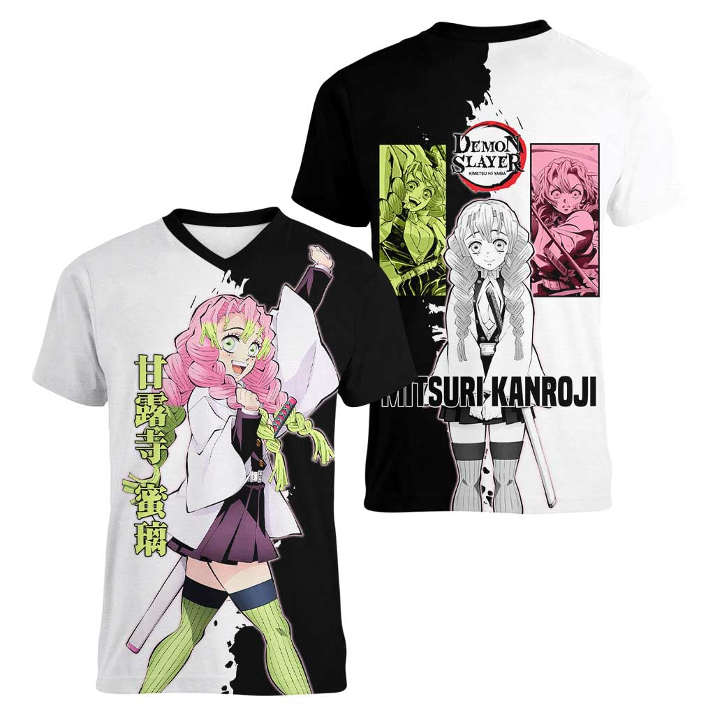 Mitsuri Kanroji from Demon Slayer Women V-Neck T-Shirt with Black and White Split Background and Energetic Sword Pose Manga Style Design - The Mazicc