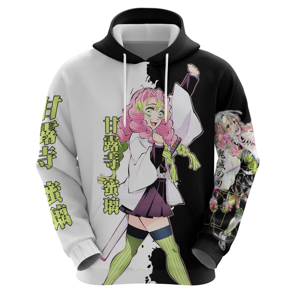 Mitsuri Kanroji from Demon Slayer Zip Hoodie with Black and White Split Background and Energetic Sword Pose Manga Style Design - The Mazicc