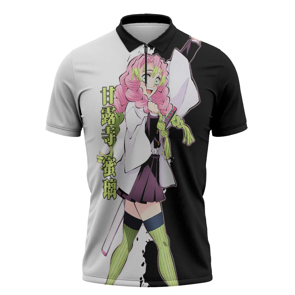 Mitsuri Kanroji from Demon Slayer Zipper Polo Shirt with Black and White Split Background and Energetic Sword Pose Manga Style Design - The Mazicc