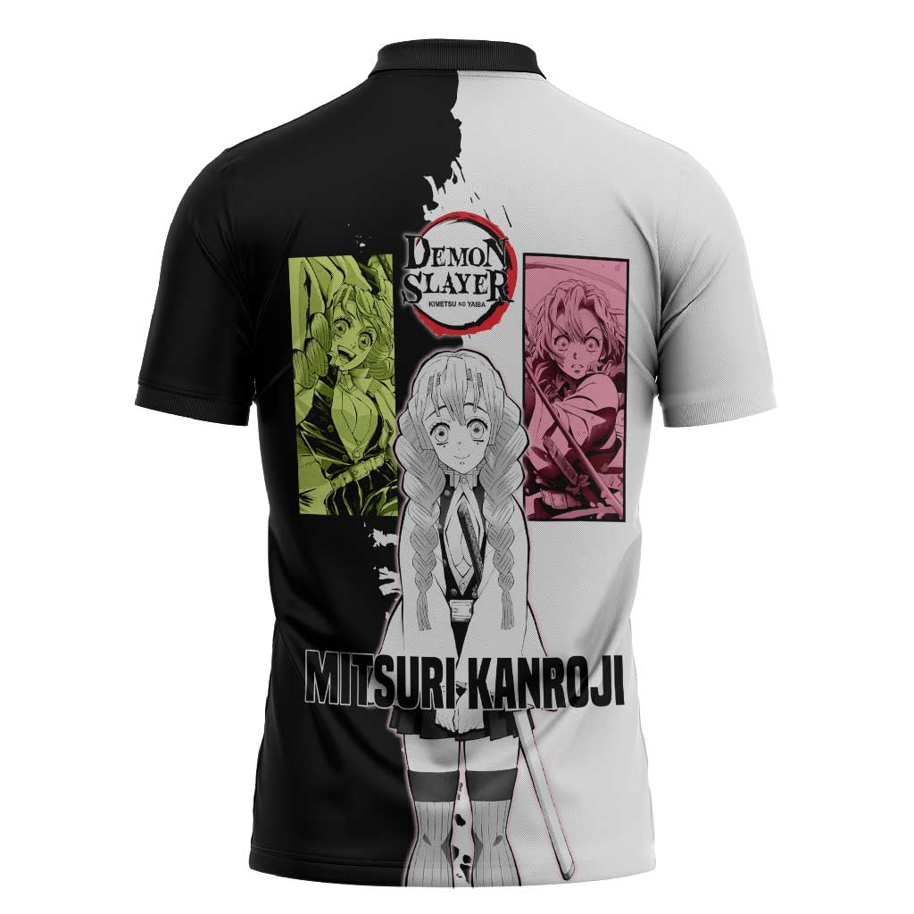 Mitsuri Kanroji from Demon Slayer Zipper Polo Shirt with Black and White Split Background and Energetic Sword Pose Manga Style Design - The Mazicc