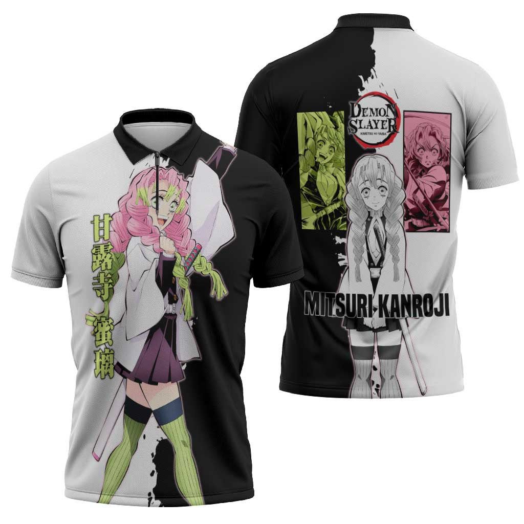 Mitsuri Kanroji from Demon Slayer Zipper Polo Shirt with Black and White Split Background and Energetic Sword Pose Manga Style Design - The Mazicc