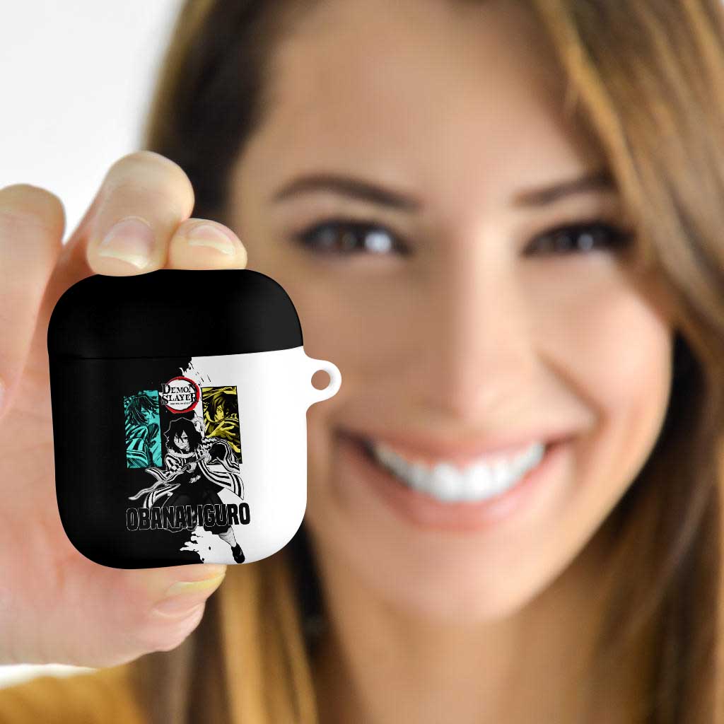 Obanai Iguro from Demon Slayer AirPods Case with Black and White Contrast Background and Serpent-Themed Manga Style Design - The Mazicc