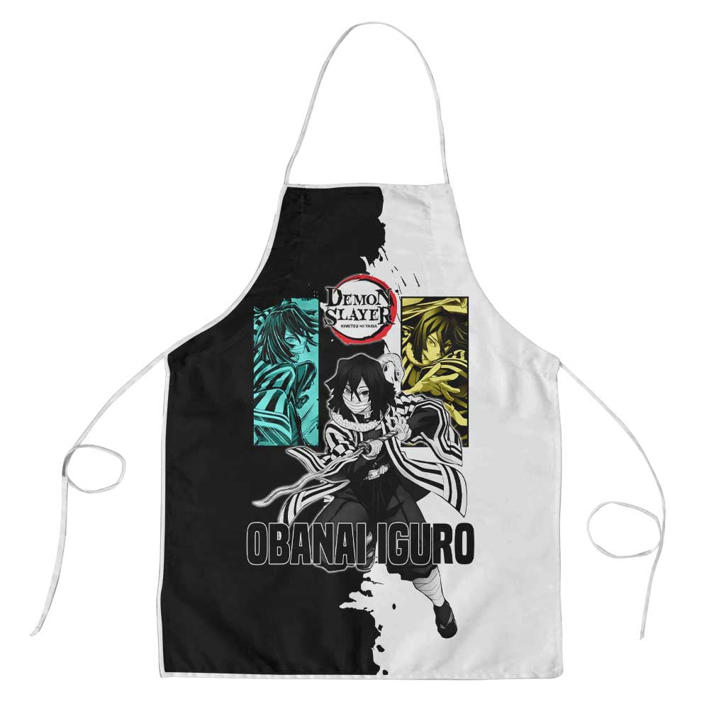 Obanai Iguro from Demon Slayer Apron with Black and White Contrast Background and Serpent-Themed Manga Style Design - The Mazicc