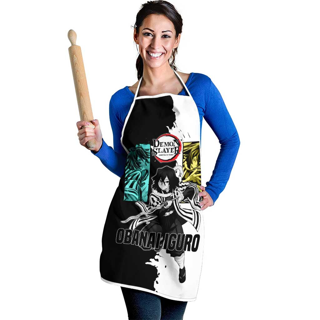 Obanai Iguro from Demon Slayer Apron with Black and White Contrast Background and Serpent-Themed Manga Style Design - The Mazicc