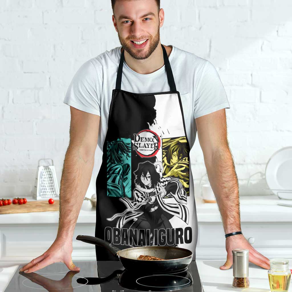 Obanai Iguro from Demon Slayer Apron with Black and White Contrast Background and Serpent-Themed Manga Style Design - The Mazicc