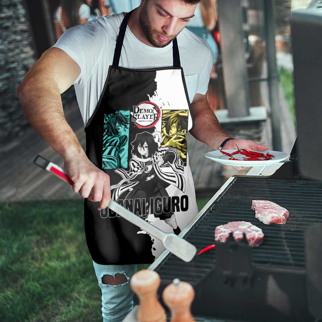 Obanai Iguro from Demon Slayer Apron with Black and White Contrast Background and Serpent-Themed Manga Style Design - The Mazicc