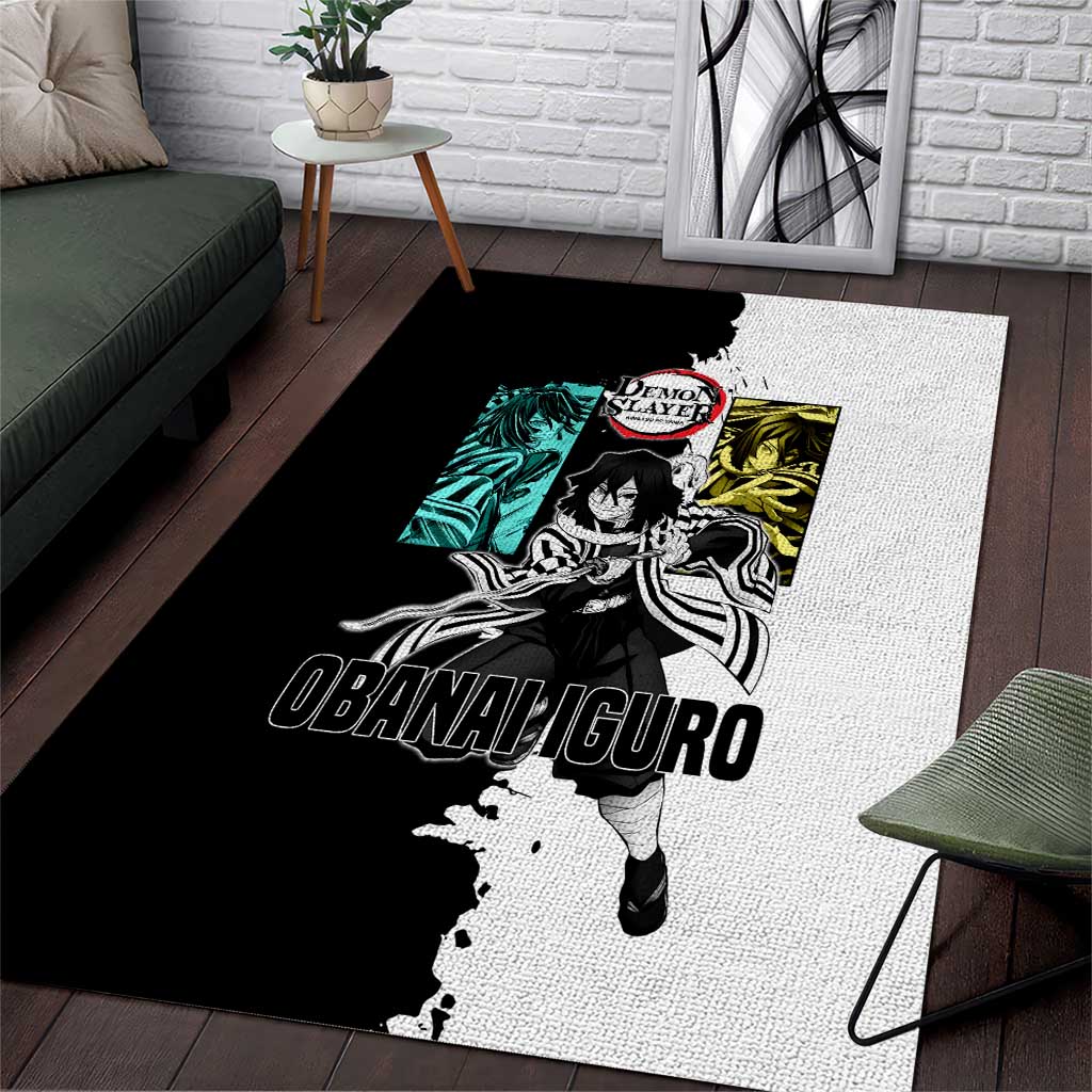 Obanai Iguro from Demon Slayer Area Rug with Black and White Contrast Background and Serpent-Themed Manga Style Design - The Mazicc