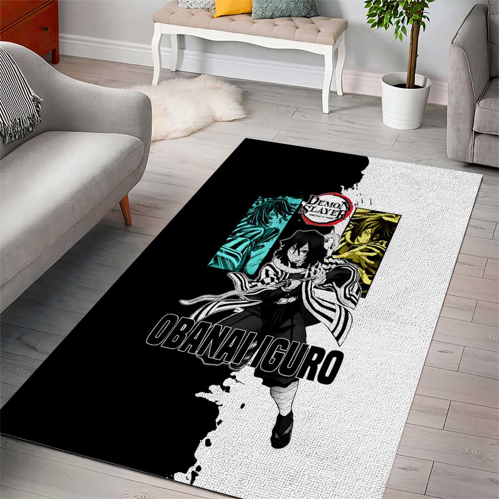 Obanai Iguro from Demon Slayer Area Rug with Black and White Contrast Background and Serpent-Themed Manga Style Design - The Mazicc