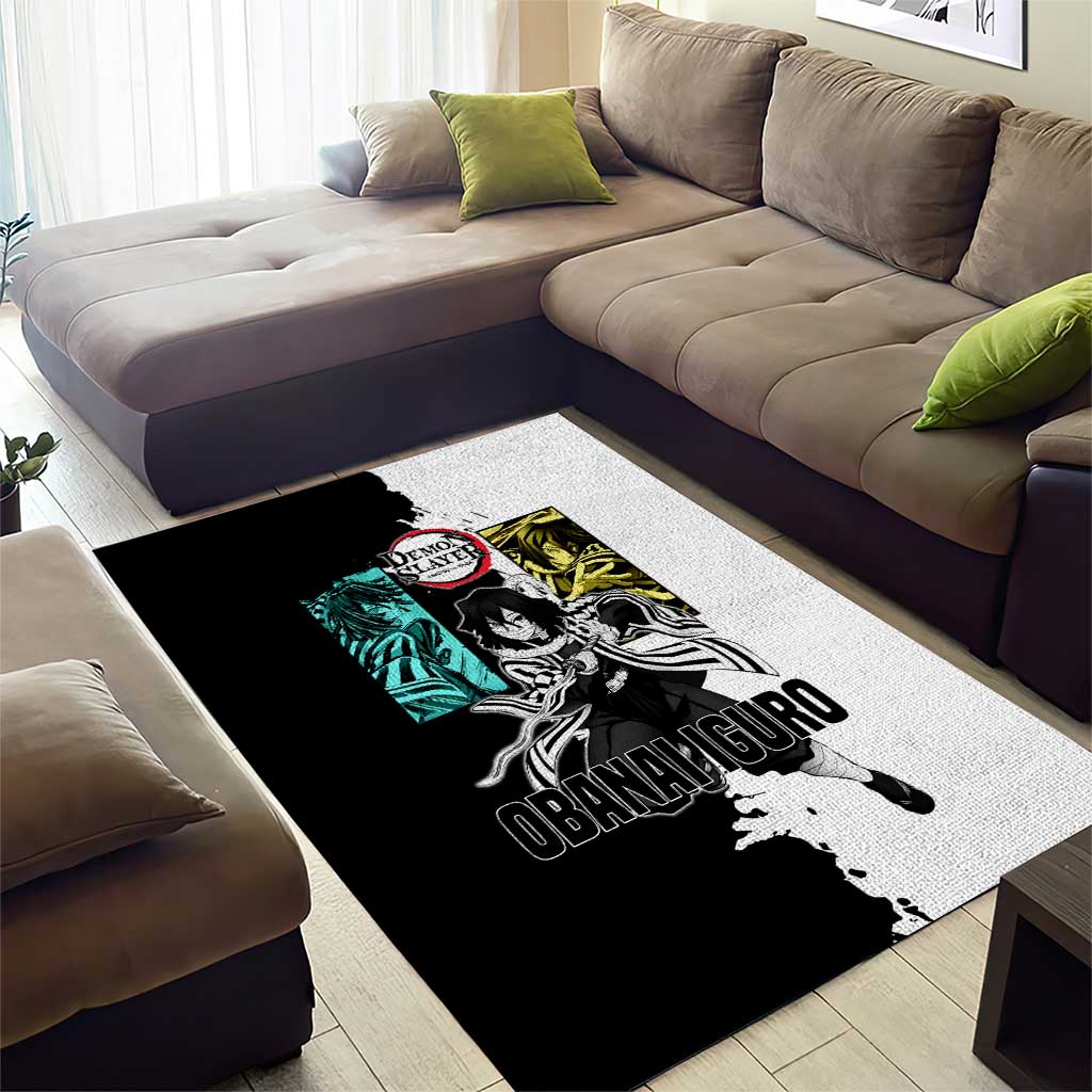 Obanai Iguro from Demon Slayer Area Rug with Black and White Contrast Background and Serpent-Themed Manga Style Design - The Mazicc
