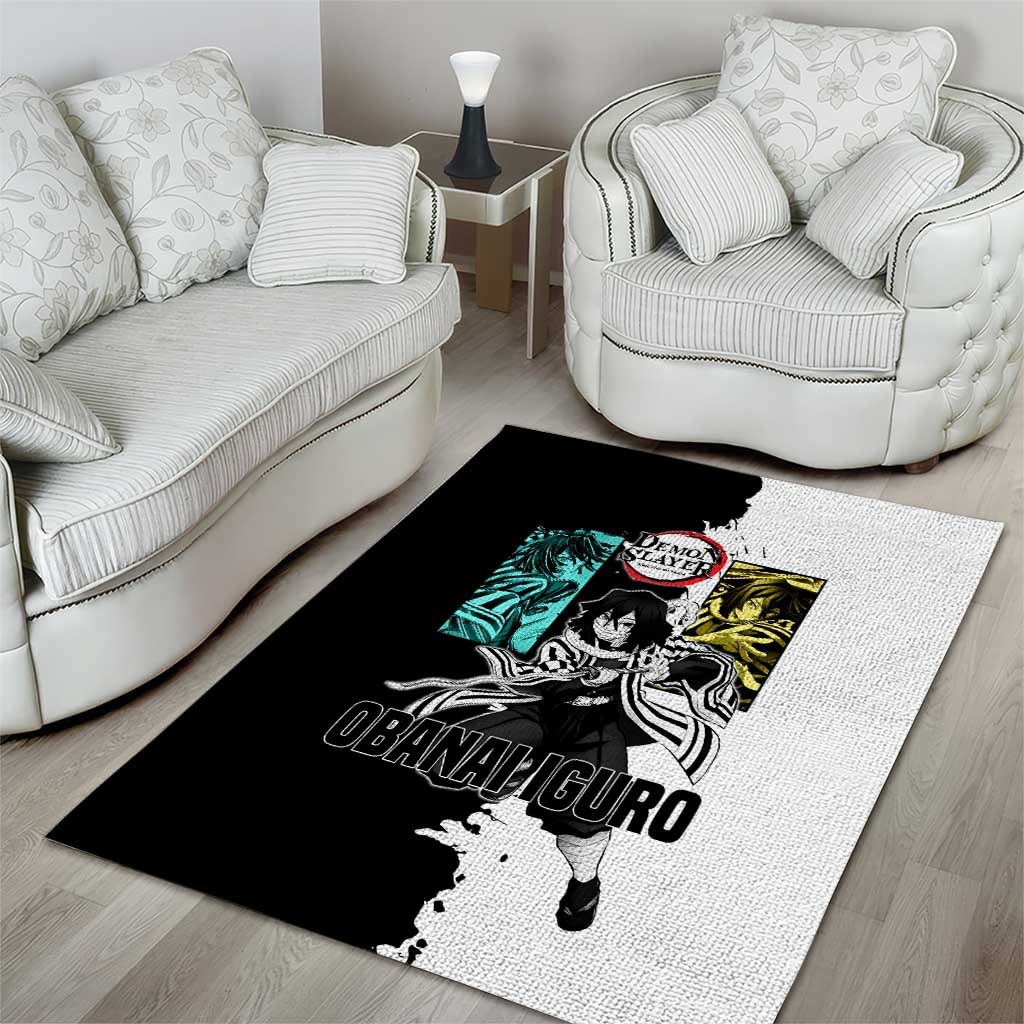 Obanai Iguro from Demon Slayer Area Rug with Black and White Contrast Background and Serpent-Themed Manga Style Design - The Mazicc