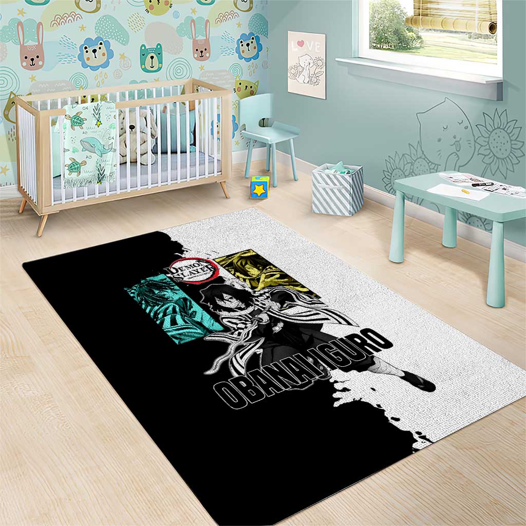 Obanai Iguro from Demon Slayer Area Rug with Black and White Contrast Background and Serpent-Themed Manga Style Design - The Mazicc