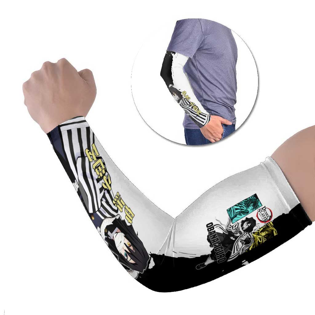 Obanai Iguro from Demon Slayer Arm Sleeves with Black and White Contrast Background and Serpent-Themed Manga Style Design - The Mazicc