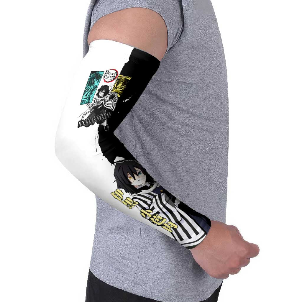 Obanai Iguro from Demon Slayer Arm Sleeves with Black and White Contrast Background and Serpent-Themed Manga Style Design - The Mazicc