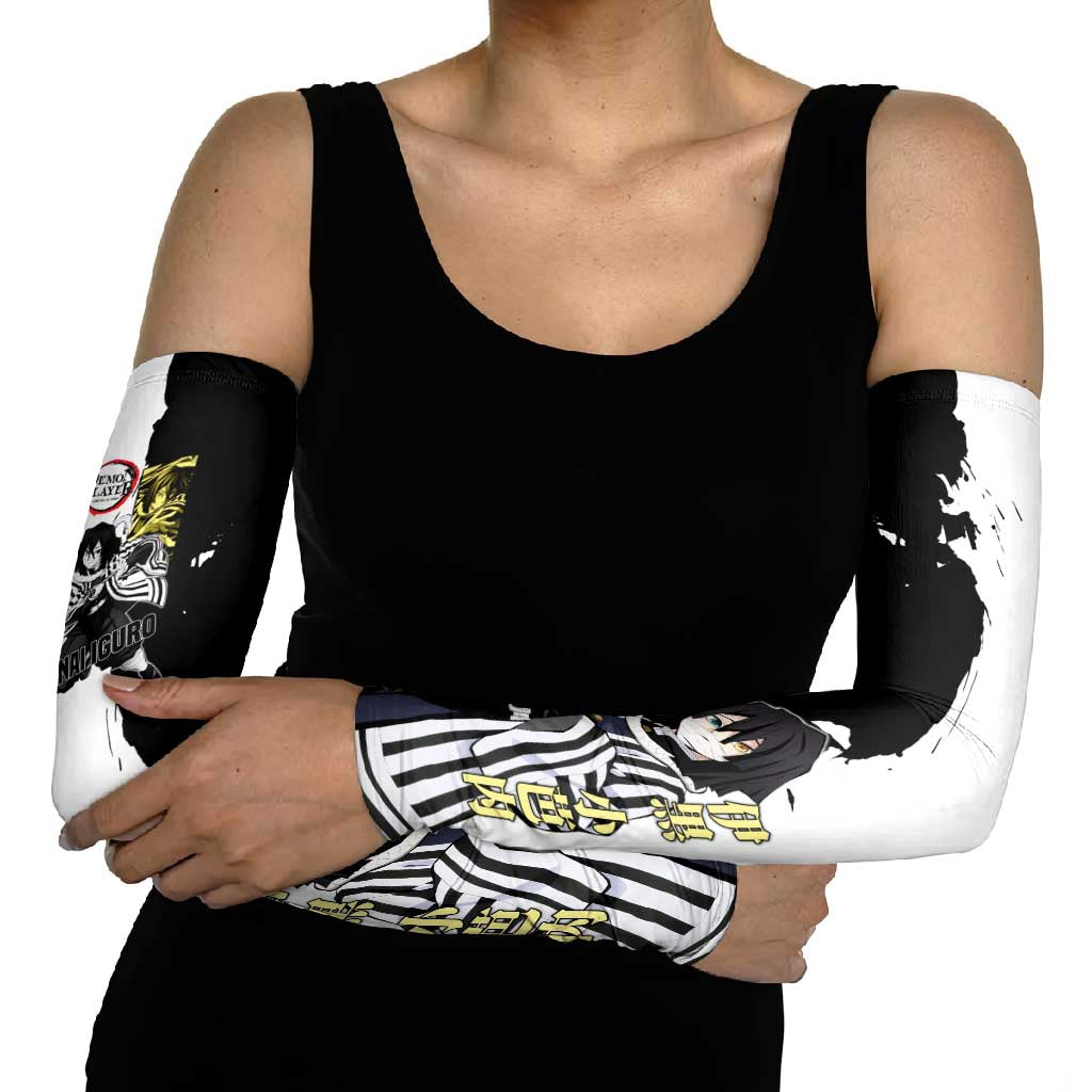 Obanai Iguro from Demon Slayer Arm Sleeves with Black and White Contrast Background and Serpent-Themed Manga Style Design - The Mazicc