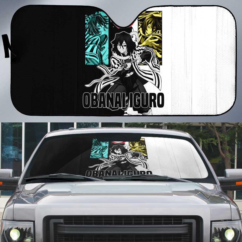 Obanai Iguro from Demon Slayer Auto Sun Shade with Black and White Contrast Background and Serpent-Themed Manga Style Design - The Mazicc