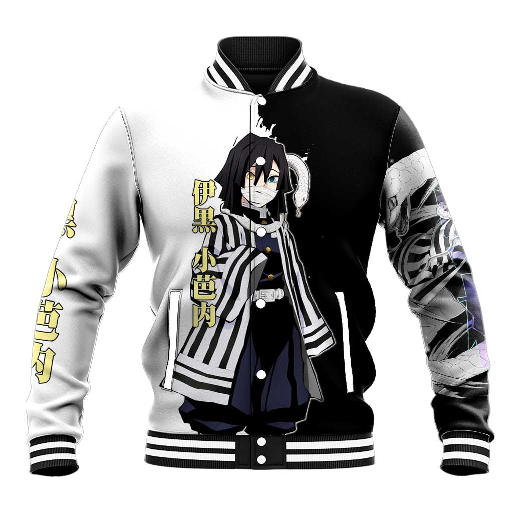 Obanai Iguro from Demon Slayer Baseball Jacket with Black and White Contrast Background and Serpent-Themed Manga Style Design - The Mazicc