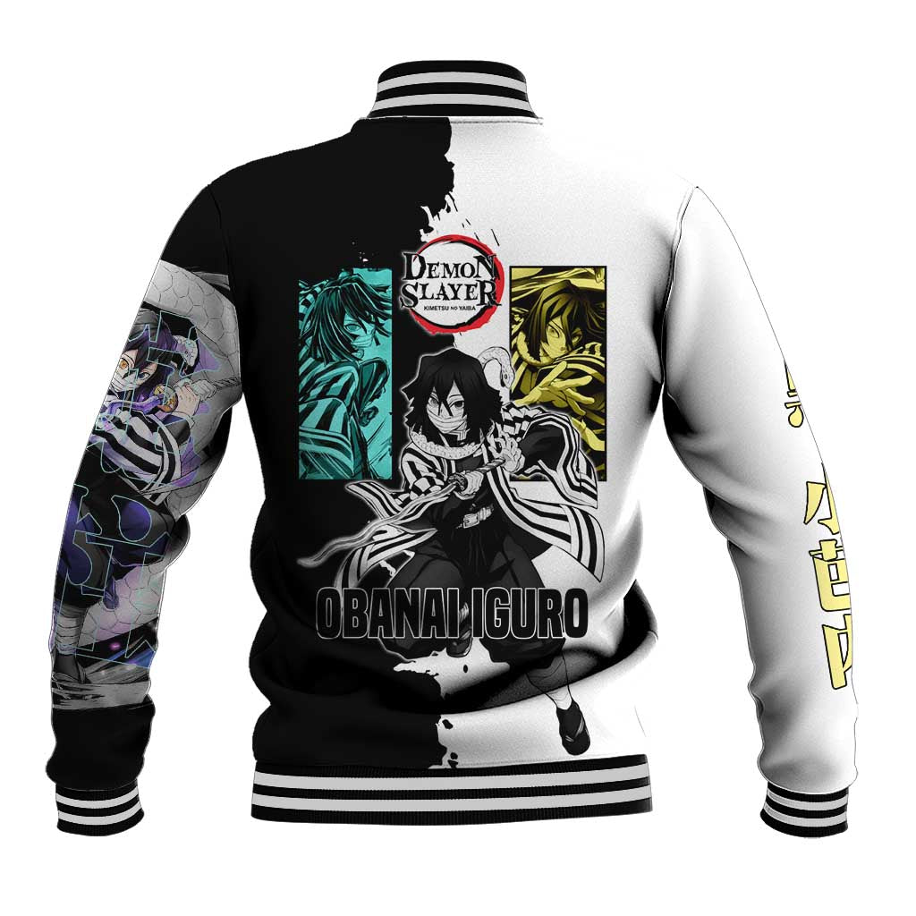 Obanai Iguro from Demon Slayer Baseball Jacket with Black and White Contrast Background and Serpent-Themed Manga Style Design - The Mazicc