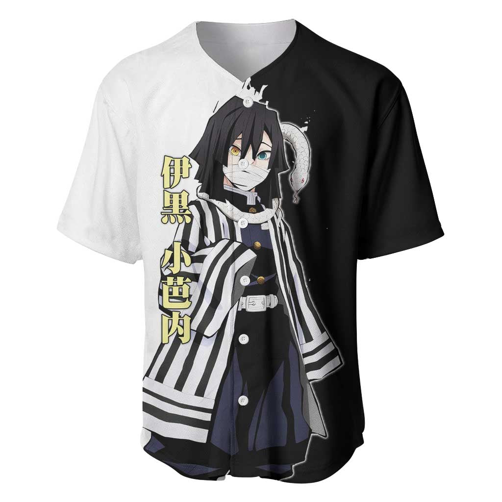 Obanai Iguro from Demon Slayer Baseball Jersey with Black and White Contrast Background and Serpent-Themed Manga Style Design - The Mazicc
