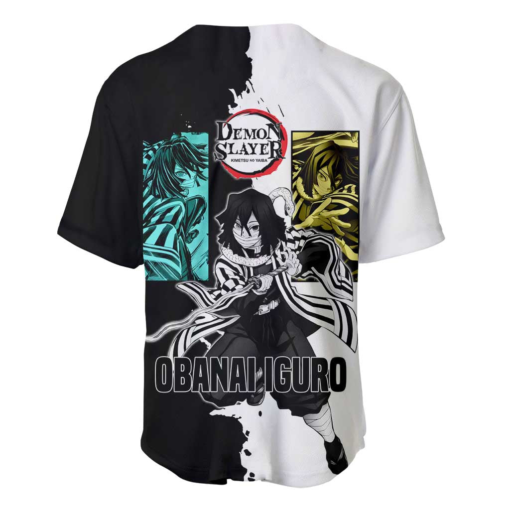 Obanai Iguro from Demon Slayer Baseball Jersey with Black and White Contrast Background and Serpent-Themed Manga Style Design - The Mazicc