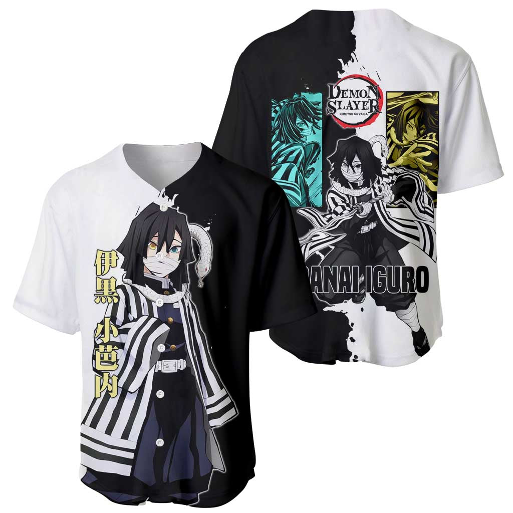 Obanai Iguro from Demon Slayer Baseball Jersey with Black and White Contrast Background and Serpent-Themed Manga Style Design - The Mazicc