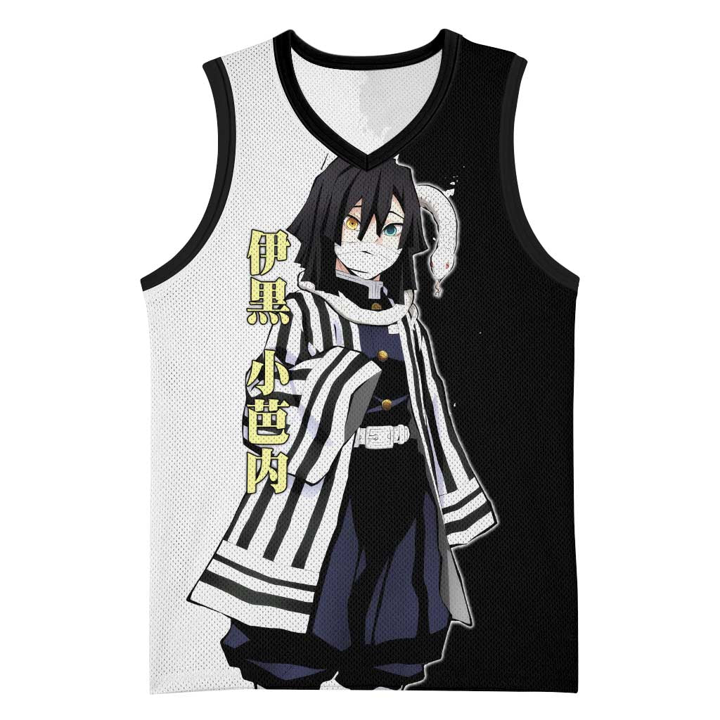 Obanai Iguro from Demon Slayer Basketball Jersey with Black and White Contrast Background and Serpent-Themed Manga Style Design - The Mazicc