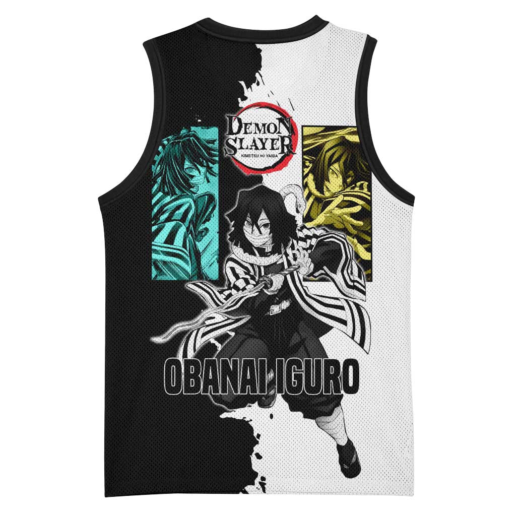 Obanai Iguro from Demon Slayer Basketball Jersey with Black and White Contrast Background and Serpent-Themed Manga Style Design - The Mazicc