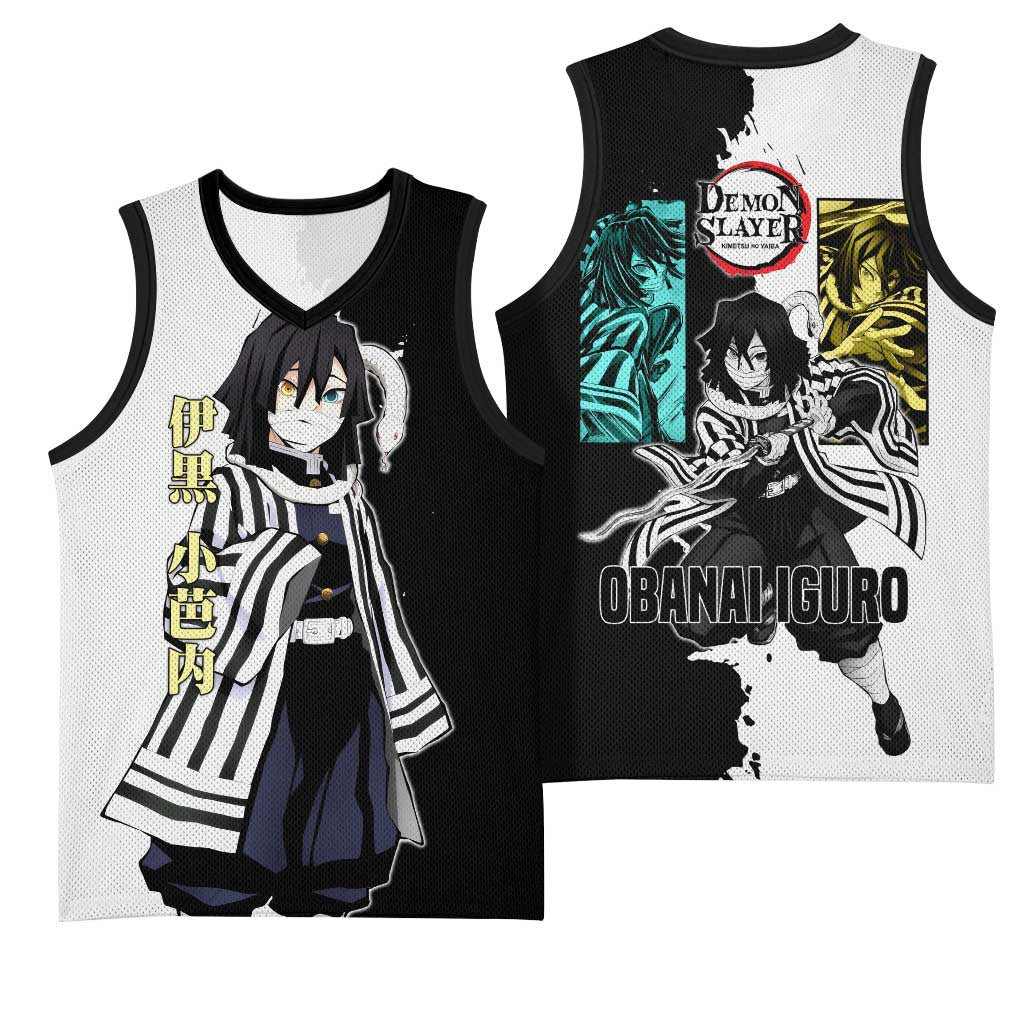 Obanai Iguro from Demon Slayer Basketball Jersey with Black and White Contrast Background and Serpent-Themed Manga Style Design - The Mazicc