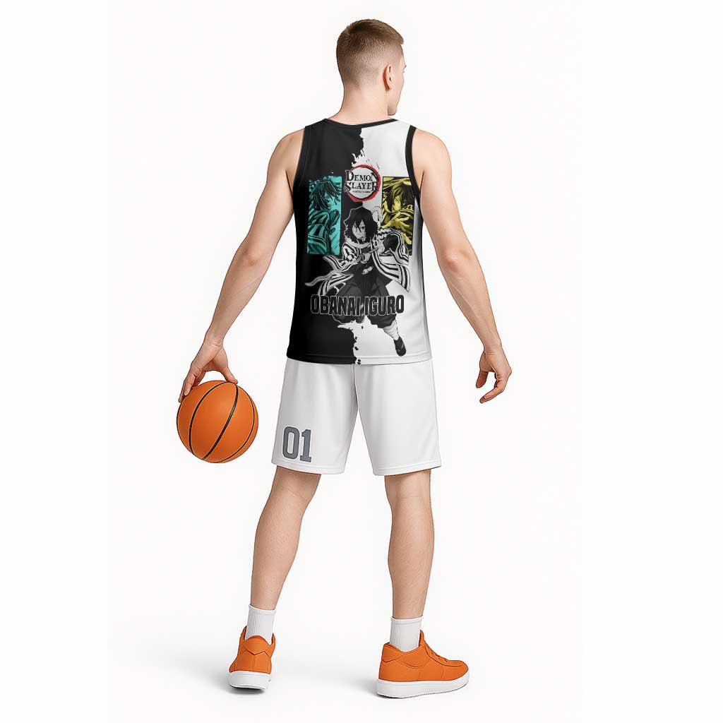 Obanai Iguro from Demon Slayer Basketball Jersey with Black and White Contrast Background and Serpent-Themed Manga Style Design - The Mazicc