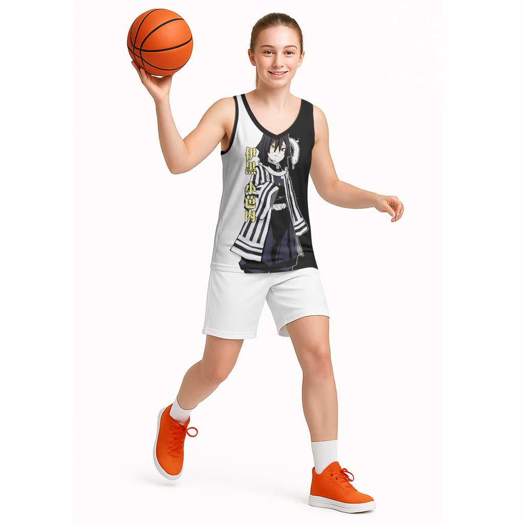 Obanai Iguro from Demon Slayer Basketball Jersey with Black and White Contrast Background and Serpent-Themed Manga Style Design - The Mazicc