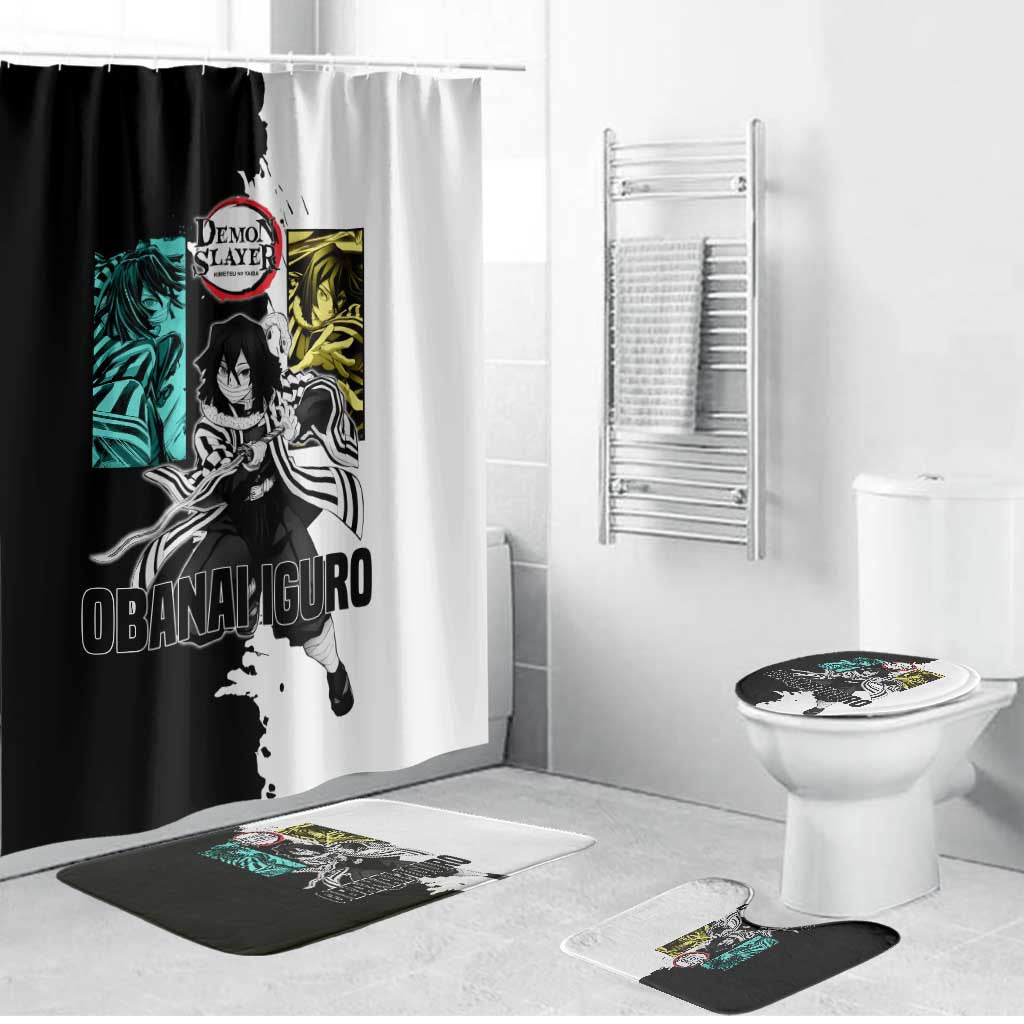 Obanai Iguro from Demon Slayer Bathroom Set with Black and White Contrast Background and Serpent-Themed Manga Style Design - The Mazicc