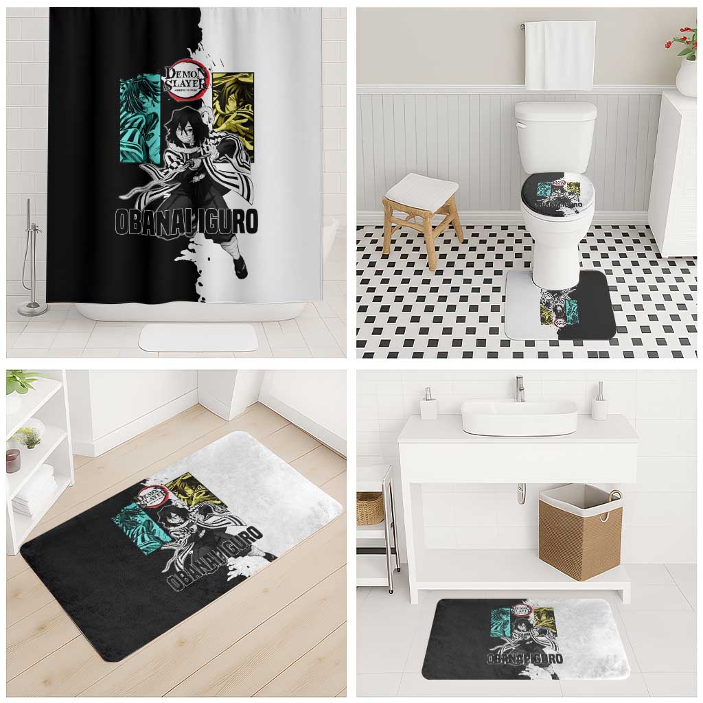 Obanai Iguro from Demon Slayer Bathroom Set with Black and White Contrast Background and Serpent-Themed Manga Style Design - The Mazicc