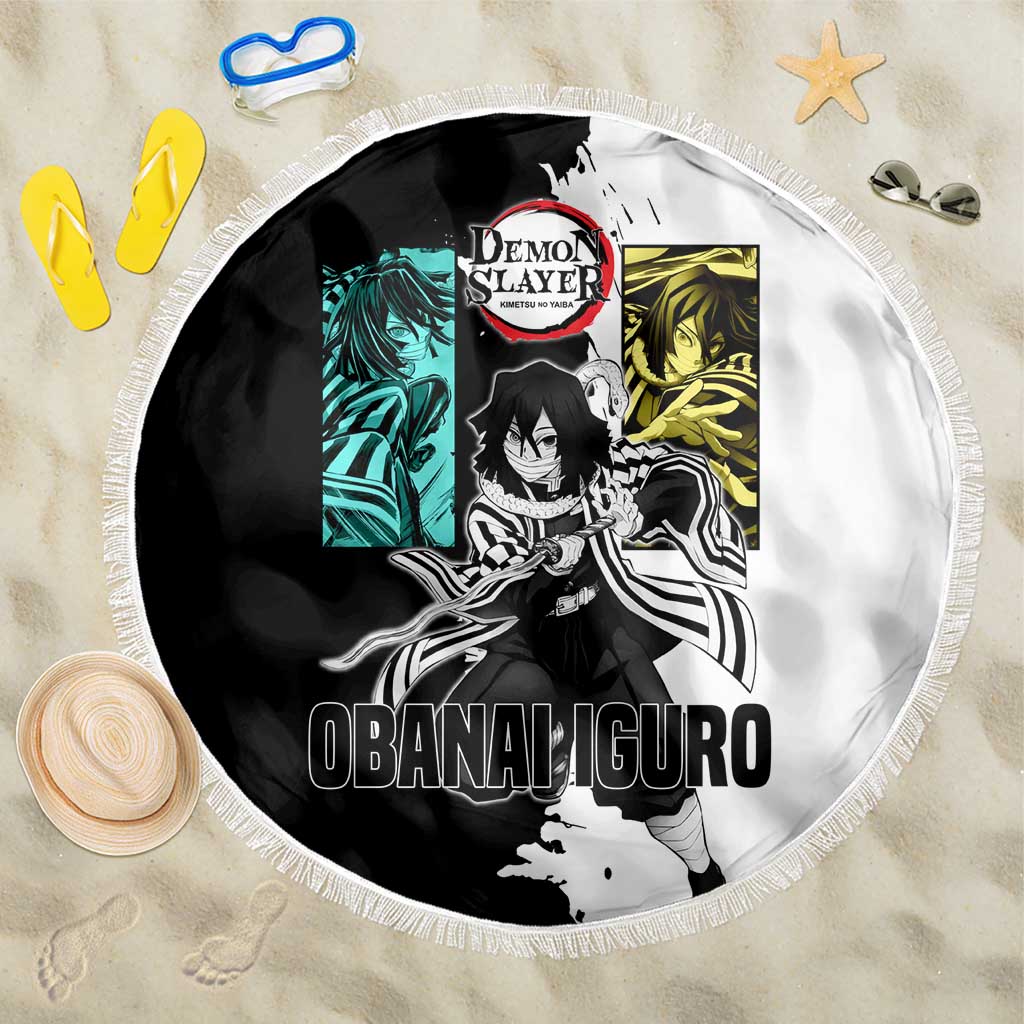 Obanai Iguro from Demon Slayer Beach Blanket with Black and White Contrast Background and Serpent-Themed Manga Style Design - The Mazicc