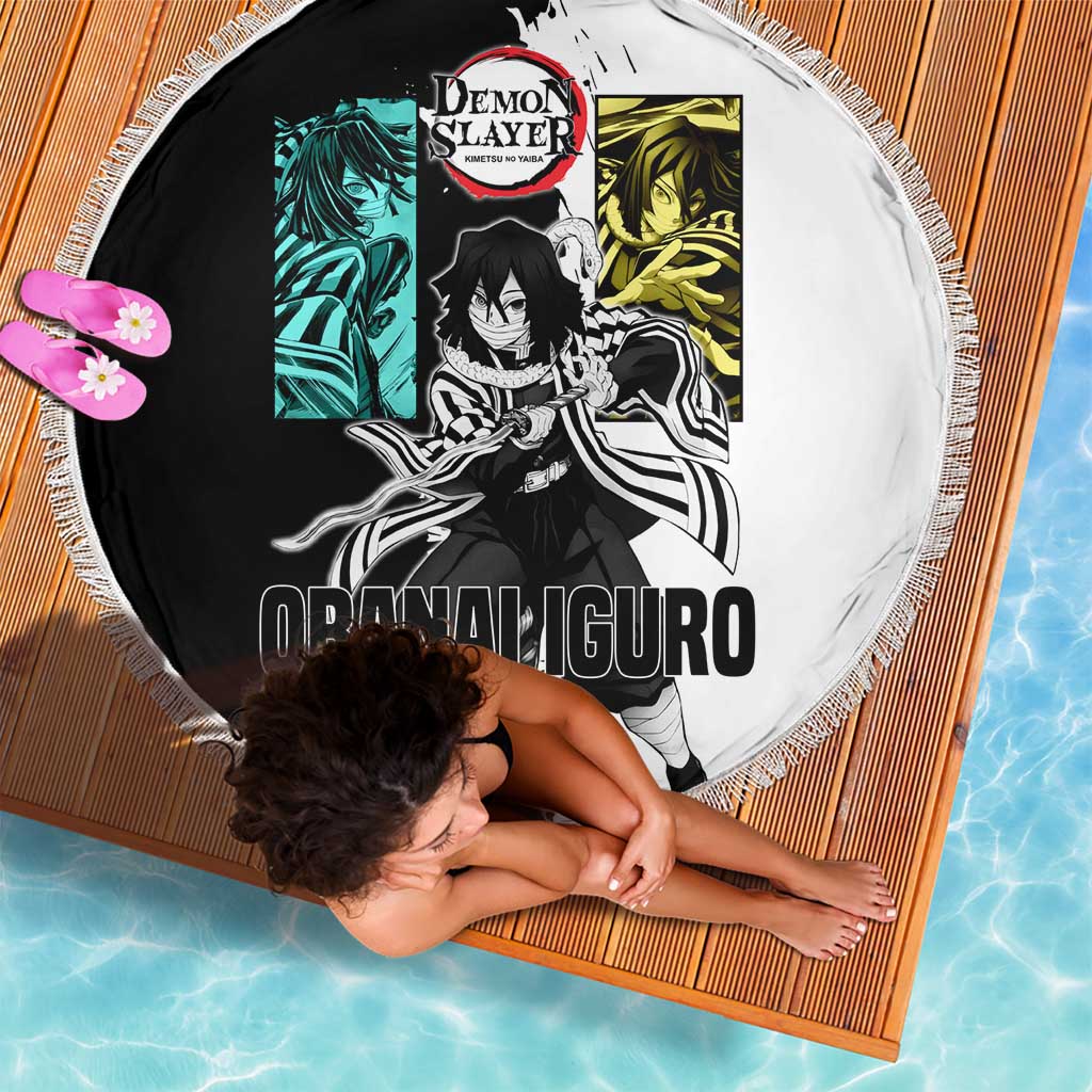 Obanai Iguro from Demon Slayer Beach Blanket with Black and White Contrast Background and Serpent-Themed Manga Style Design - The Mazicc
