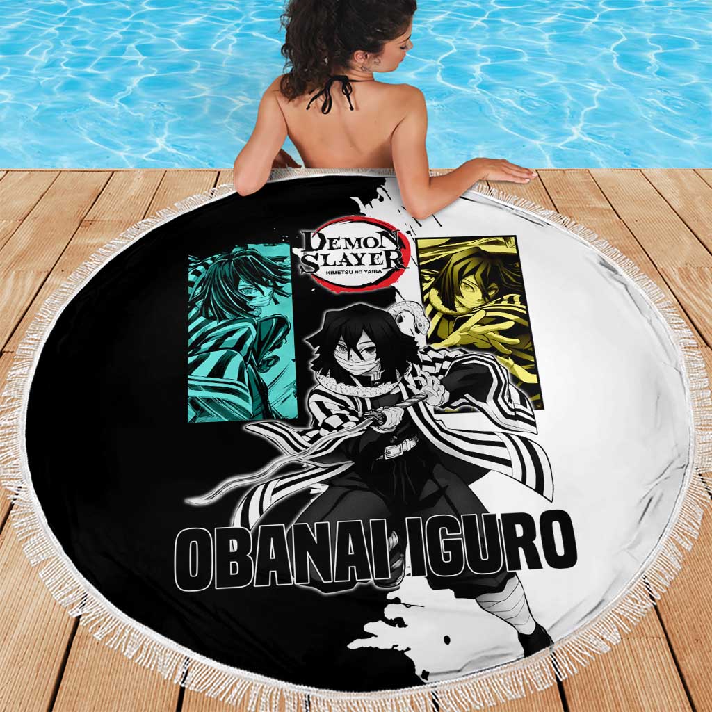 Obanai Iguro from Demon Slayer Beach Blanket with Black and White Contrast Background and Serpent-Themed Manga Style Design - The Mazicc