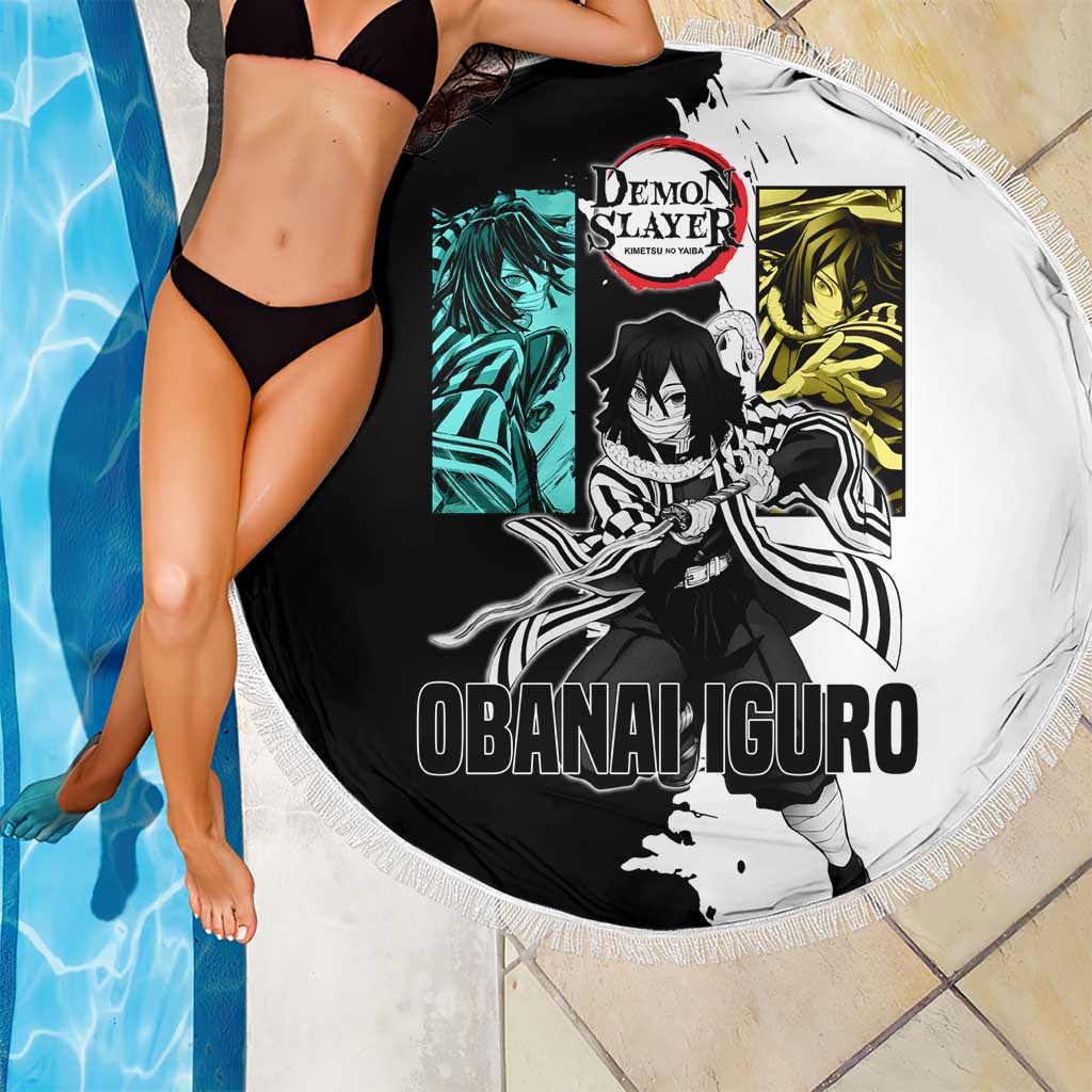 Obanai Iguro from Demon Slayer Beach Blanket with Black and White Contrast Background and Serpent-Themed Manga Style Design - The Mazicc