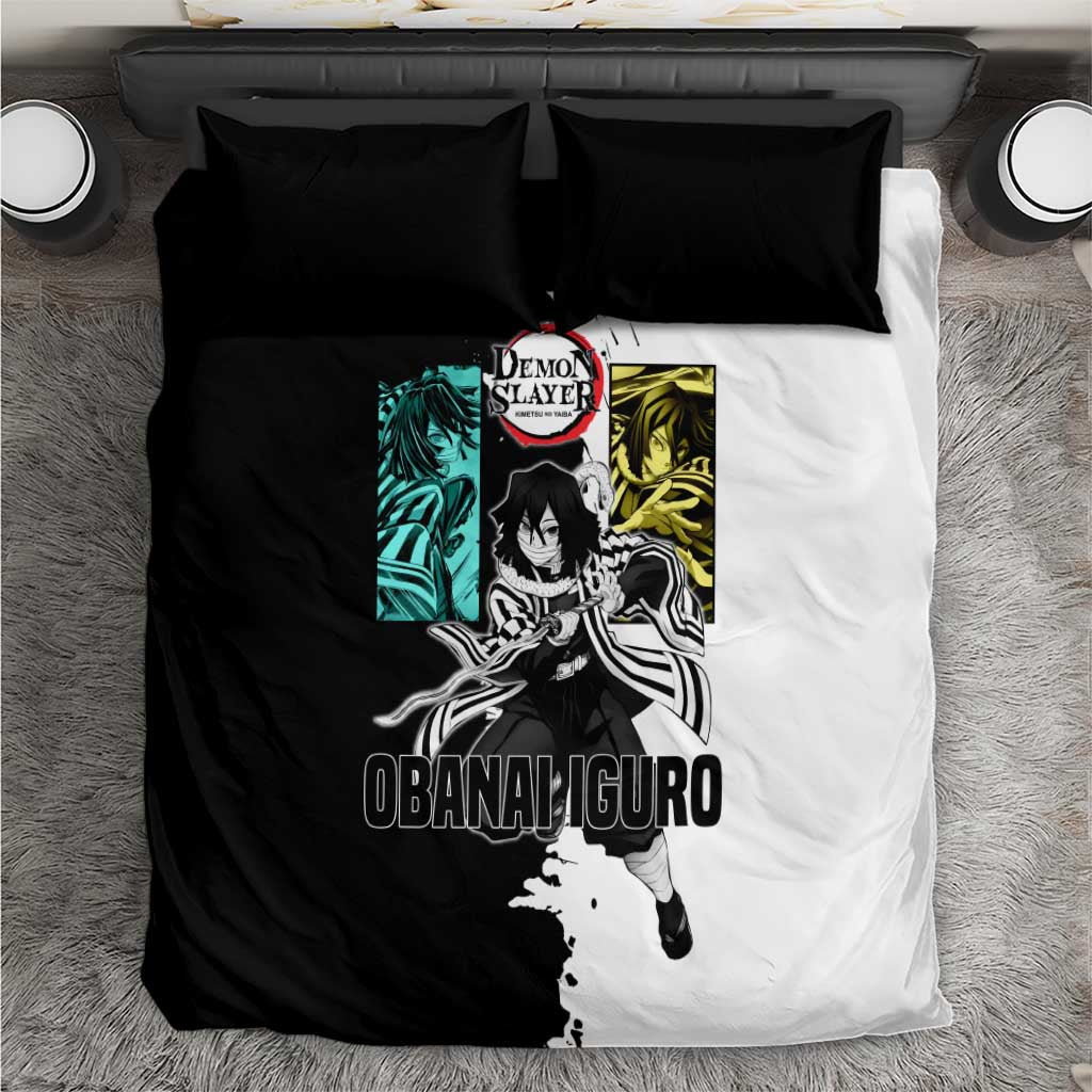 Obanai Iguro from Demon Slayer Bedding Set with Black and White Contrast Background and Serpent-Themed Manga Style Design - The Mazicc