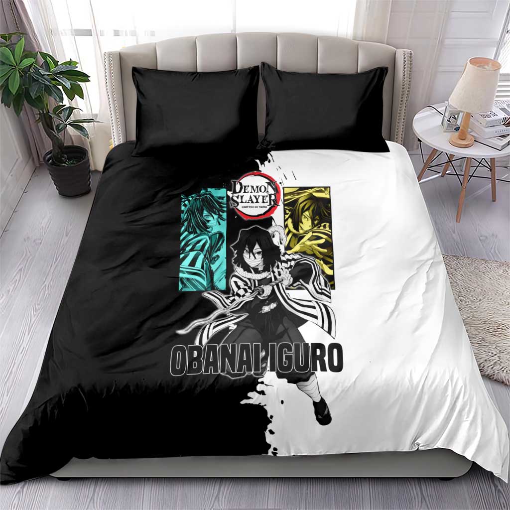 Obanai Iguro from Demon Slayer Bedding Set with Black and White Contrast Background and Serpent-Themed Manga Style Design - The Mazicc