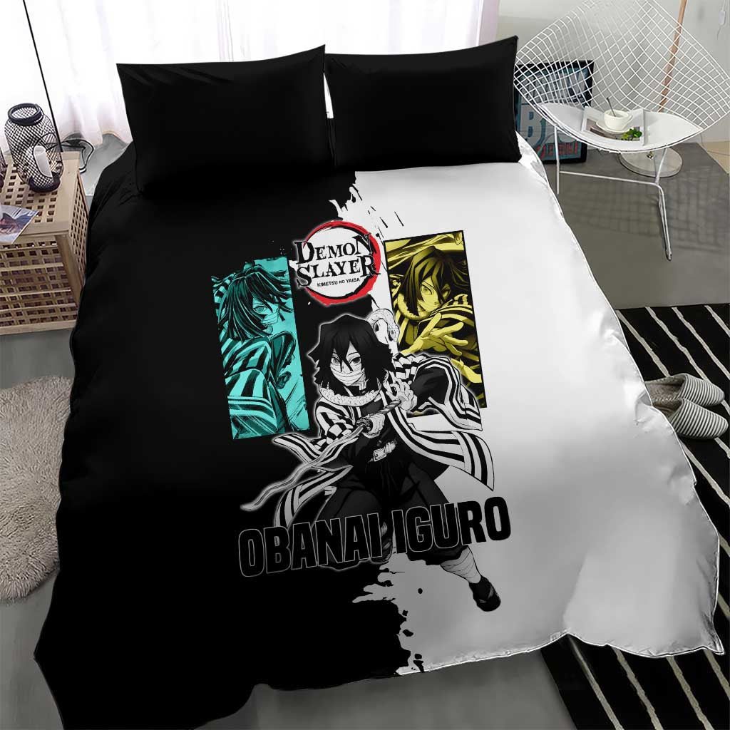 Obanai Iguro from Demon Slayer Bedding Set with Black and White Contrast Background and Serpent-Themed Manga Style Design - The Mazicc