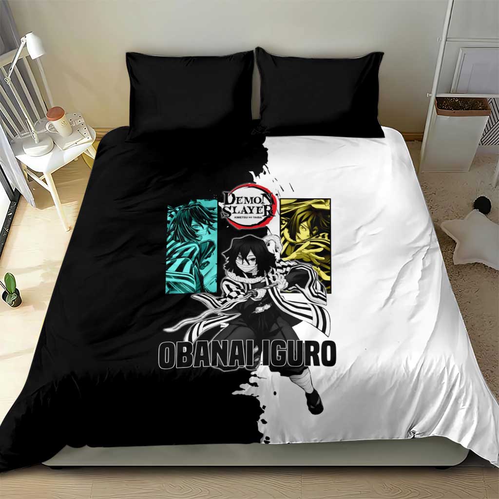 Obanai Iguro from Demon Slayer Bedding Set with Black and White Contrast Background and Serpent-Themed Manga Style Design - The Mazicc