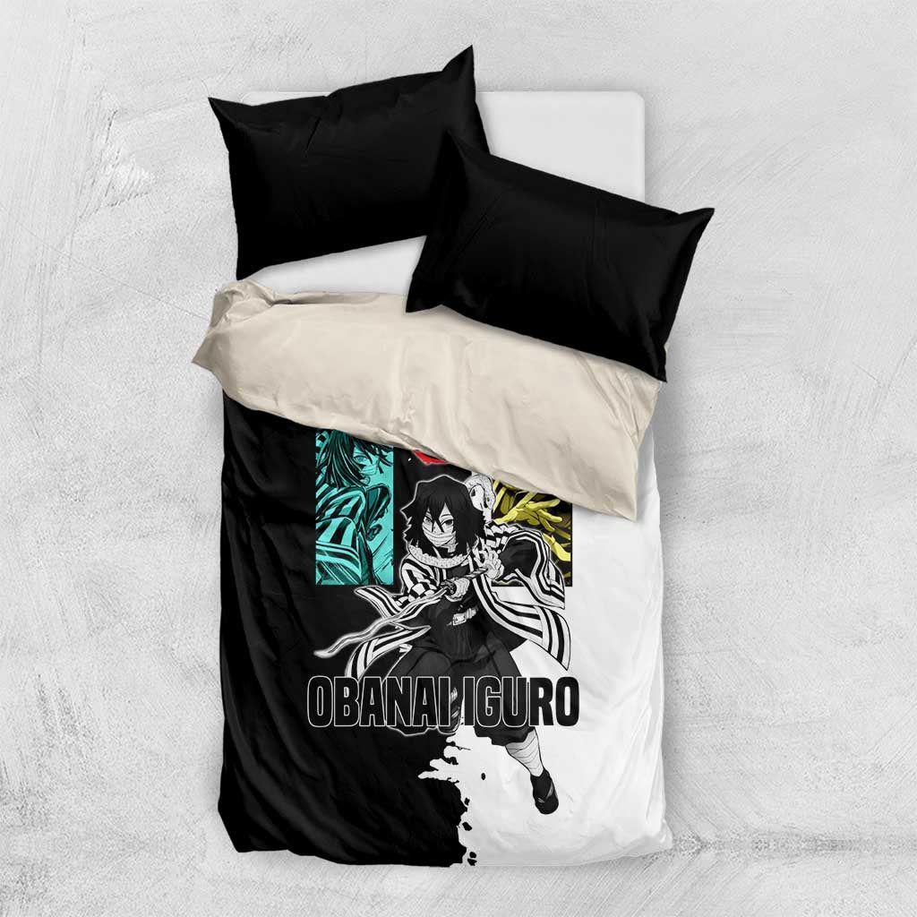 Obanai Iguro from Demon Slayer Bedding Set with Black and White Contrast Background and Serpent-Themed Manga Style Design - The Mazicc