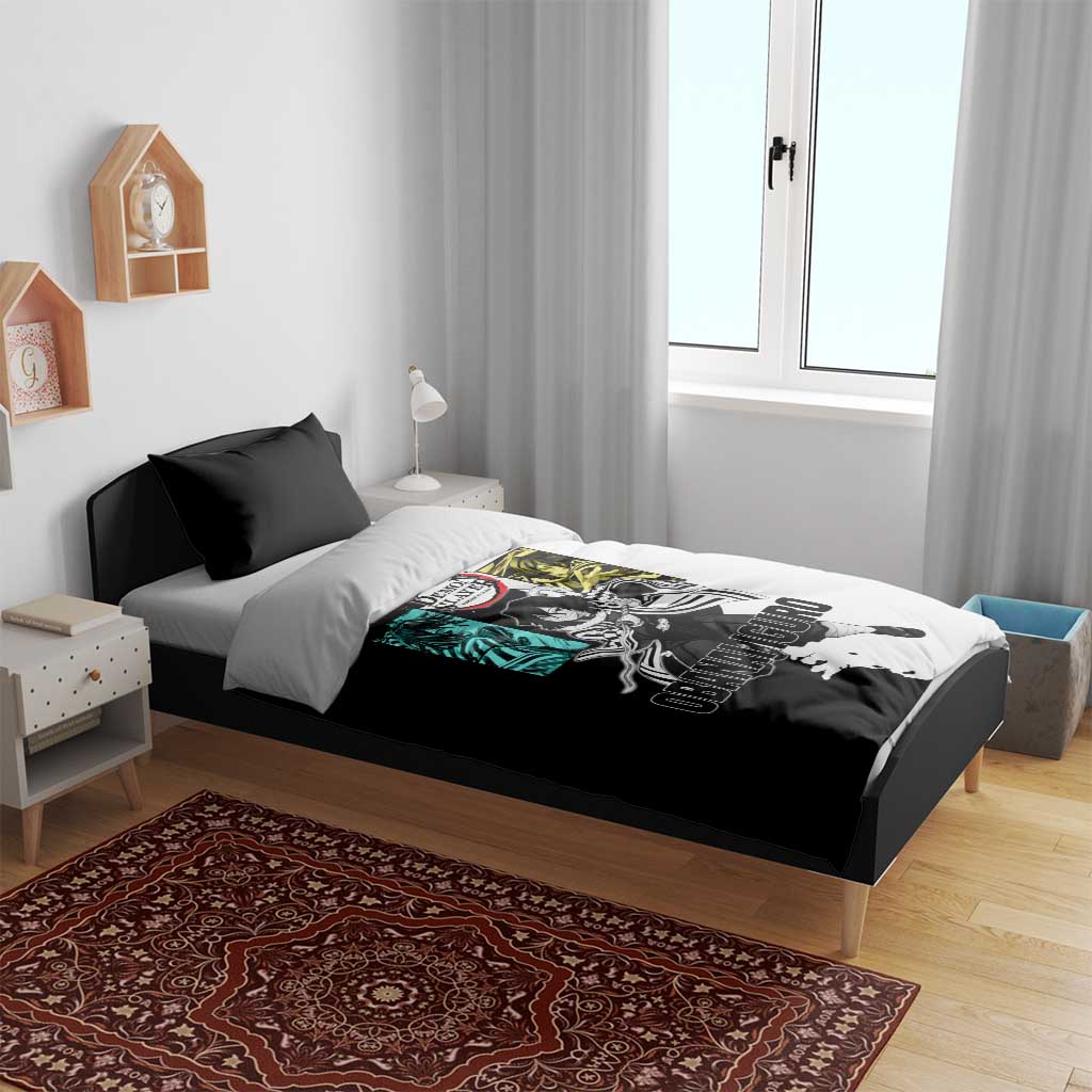 Obanai Iguro from Demon Slayer Bedding Set with Black and White Contrast Background and Serpent-Themed Manga Style Design - The Mazicc