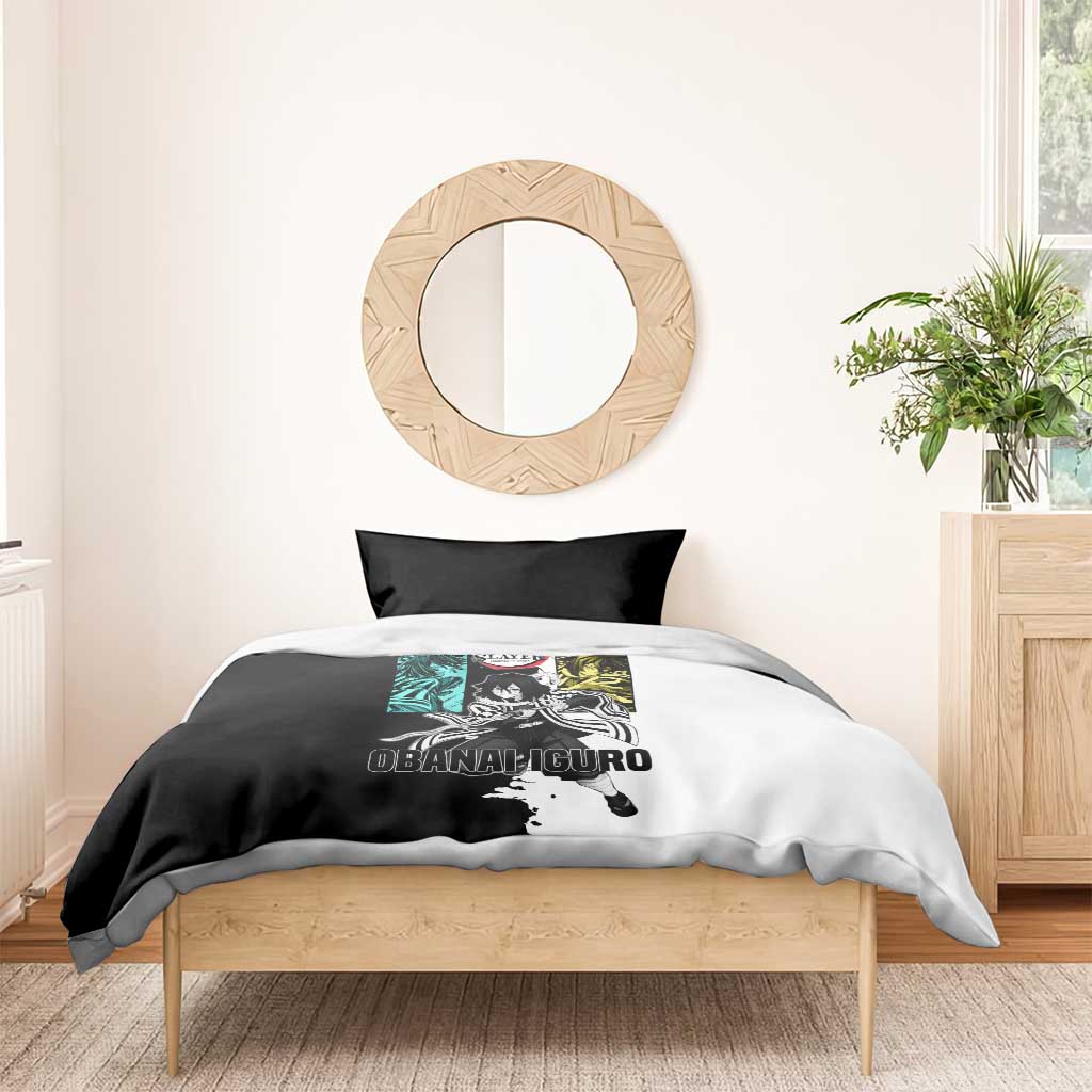 Obanai Iguro from Demon Slayer Bedding Set with Black and White Contrast Background and Serpent-Themed Manga Style Design - The Mazicc
