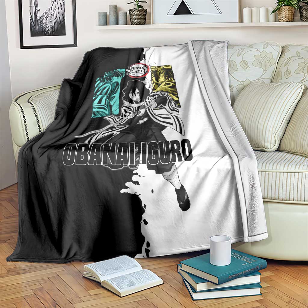 Obanai Iguro from Demon Slayer Blanket with Black and White Contrast Background and Serpent-Themed Manga Style Design - The Mazicc