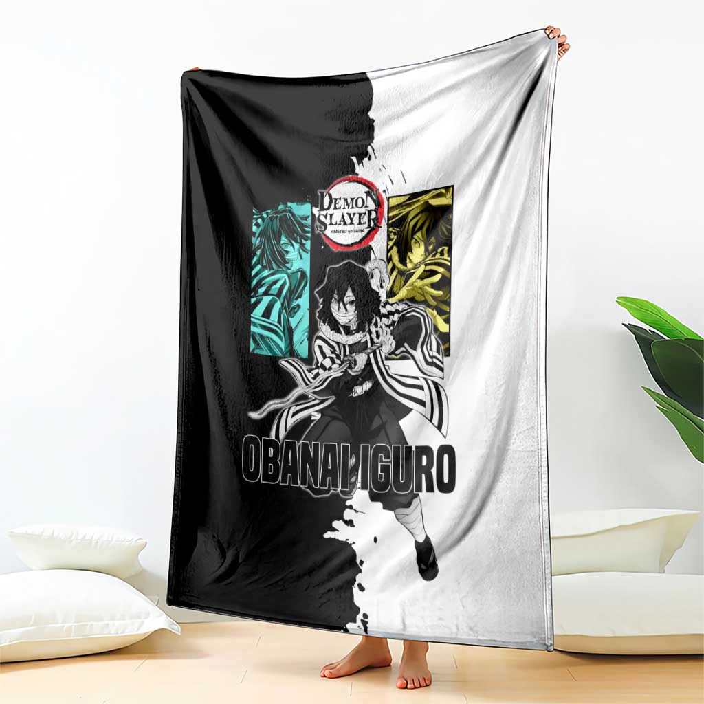 Obanai Iguro from Demon Slayer Blanket with Black and White Contrast Background and Serpent-Themed Manga Style Design - The Mazicc