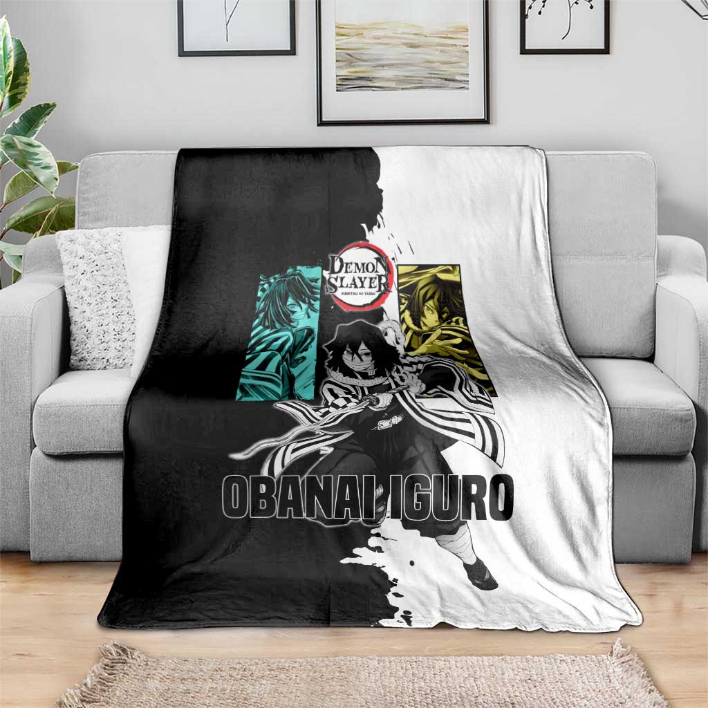 Obanai Iguro from Demon Slayer Blanket with Black and White Contrast Background and Serpent-Themed Manga Style Design - The Mazicc