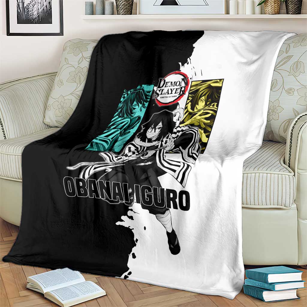 Obanai Iguro from Demon Slayer Blanket with Black and White Contrast Background and Serpent-Themed Manga Style Design - The Mazicc